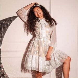 IVY CITY CO Ellis Dress in silver sequin champagne Sheer Starry Dress Bow S